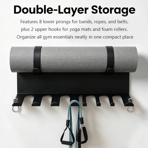 Heavy Duty Gym Wall Storage Rack - 2 Tier Organizer with 8 Prongs for Resistance Bands, Yoga Mats, Jump Ropes, Foam Rollers - 16.5 Inch Black Powder Coated Steel Home Garage Equipment Holder