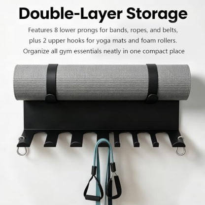 Heavy Duty Gym Wall Storage Rack - 2 Tier Organizer with 8 Prongs for Resistance Bands, Yoga Mats, Jump Ropes, Foam Rollers - 16.5 Inch Black Powder Coated Steel Home Garage Equipment Holder