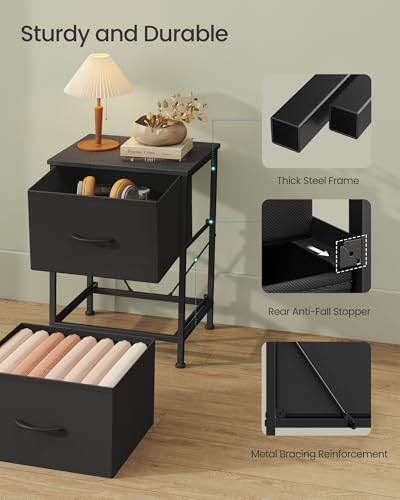 SONGMICS Nightstand with 2 Fabric Drawers, Bedside Table, Side End Table - color: Ink Black + Ebony Black, size: 1 Pack