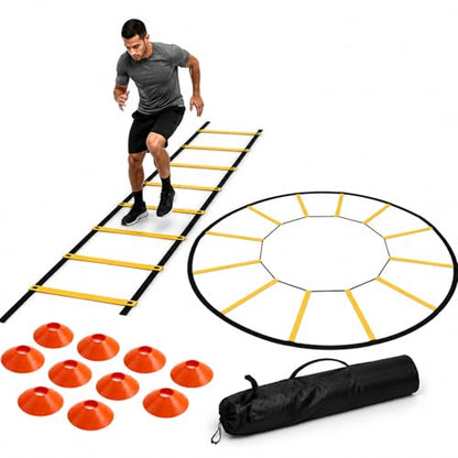 2-in-1 Agility Ladder Training Set, 20FT Speed Ladder with Circular Agility Ring, 10 Soccer Cones, Carry Bag, Footwork Speed Training Equipment for Soccer, Football, Basketball & Fitness | Circular Agility Ring