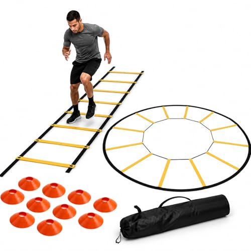 2-in-1 Agility Ladder Training Set, 20FT Speed Ladder with Circular Agility Ring, 10 Soccer Cones, Carry Bag, Footwork Speed Training Equipment for Soccer, Football, Basketball & Fitness | Circular Agility Ring