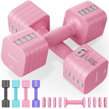 FEIERDUN DB3 5-in-1 Adjustable Dumbbell Set, 6LB/10LB Pair Adjustable Weights for Women at Home, Dual Locking Stable Hand Weights with TPU Soft Handle, Home Gym, Rehab, Pilates, Yoga, Strength Training - color: B-Cute Pink, style: 6LBS Pair (12LBS Total)