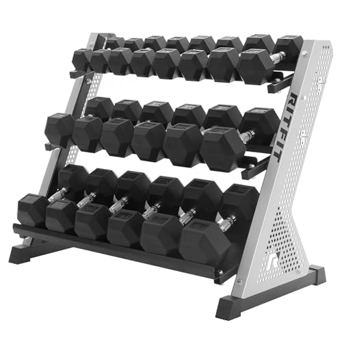 RitFit Rubber Hex Dumbbell Set with Storage Weight Rack - style: 650 LBS with 3-Tier Silver Rack