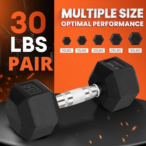 Yes4All Chrome/Rubber Grip Encased Hex Dumbbells – Hand Weights With Anti-Slip 10-30 LBS Pair - color: F. 30lbs - Pair, style: Chrome Grip