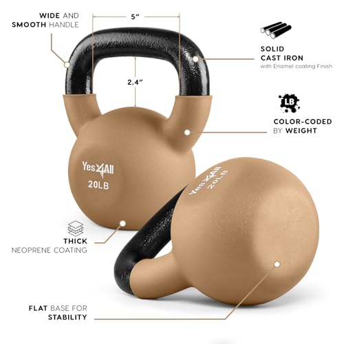 Yes4All Kettlebell, 5-65 LB Neoprene Coated Cast Iron Kettlebells, Wide Grip Handle & Flat Bottom for Swings, Squats, Deadlifts, Push Ups & Full Body Training at Home Gym - Single & Set - color: F. 20LB - Iced Latte, style: A. Single