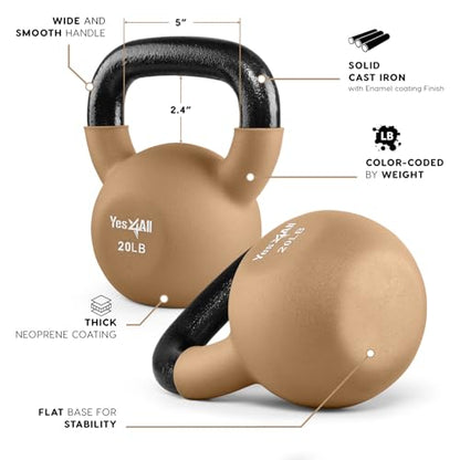 Yes4All Kettlebell, 5-65 LB Neoprene Coated Cast Iron Kettlebells, Wide Grip Handle & Flat Bottom for Swings, Squats, Deadlifts, Push Ups & Full Body Training at Home Gym - Single & Set - color: F. 20LB - Iced Latte, style: A. Single