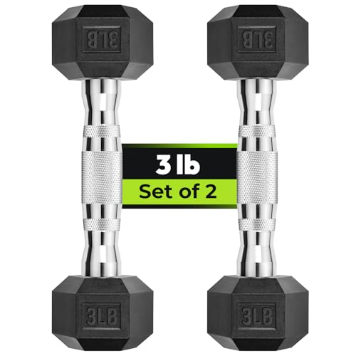 HANDBODE Hex Dumbbell Set, 2.5-65 lb Rubber Encased Exercise & Fitness Dumbbells, Weights Dumbbells Set of 2, Hand Weight for Strength Training - size: 3 lb, Pair, style: Chrome Handle