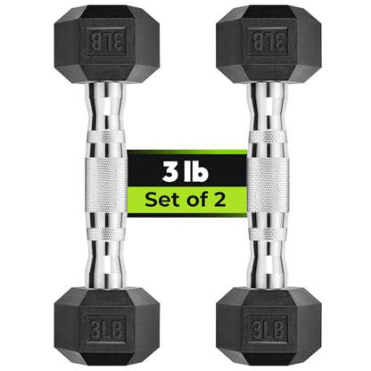 HANDBODE Hex Dumbbell Set, 2.5-65 lb Rubber Encased Exercise & Fitness Dumbbells, Weights Dumbbells Set of 2, Hand Weight for Strength Training - size: 3 lb, Pair, style: Chrome Handle