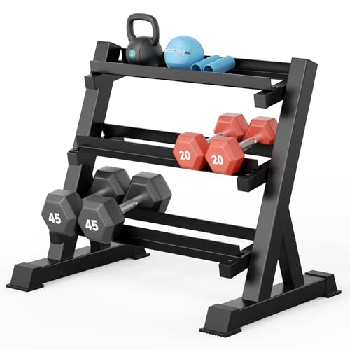 YOLEO Dumbbell Rack - 3 Tier & 5 Tier Compact Weight Rack for Dumbbell, Kettlebell, Barbell, Heavy Duty Weight Storage Organizer, Space-Saving Dumbbell Storage Stand Holder for Home Gym - 1100LBS Capacity (Rack Only) - size: STANDARD