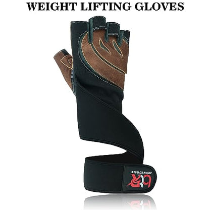 Weight Lifting Leather Padded Gloves for Men and Women Fingerless Body Building Long Wrist Support Training Gym Exercise Powerlifting Gloves Unisex Design