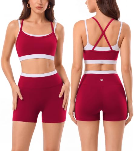 2 Pieces Workout Sets for Women,Seamless Athletic Short with Double Layer Sports Bra,Gym Matching Outfits - color: Red019, size: Medium