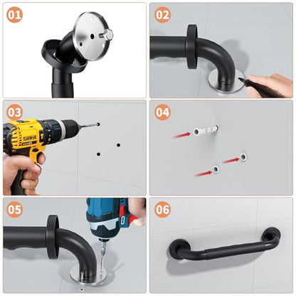 2 Pack 12 Inch Black Shower Grab Bar w/Anti Slip Rubber Grip,ZUEXT Stainless Steel Bath Grab Bar,Bathroom Balance Bar,Wall Mount Safety Handrail Support,Handicap Injury Elderly Senior Assist Handle
