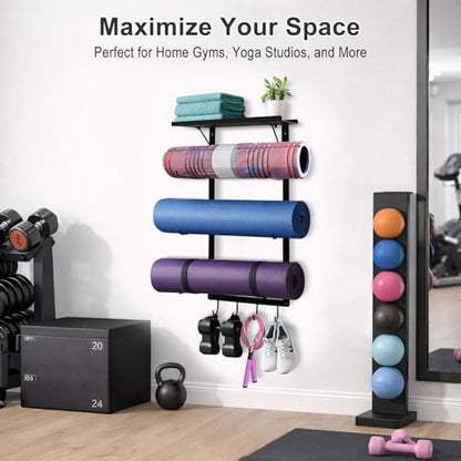 Yoga Mat Holder Wall Mount, Wall Mounted Yoga Mat Storage Rack with Shelf & Hooks, Home Gym Yoga Accessory Organizer for Mats, Foam Roller, Bands & Workout Equipment