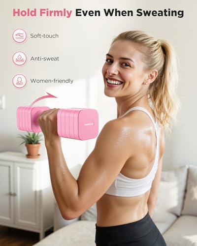 FEIERDUN DB3 5-in-1 Adjustable Dumbbell Set, 6LB/10LB Pair Adjustable Weights for Women at Home, Dual Locking Stable Hand Weights with TPU Soft Handle, Home Gym, Rehab, Pilates, Yoga, Strength Training - color: B-Cute Pink, style: 10LBS Pair (20LBS Total)