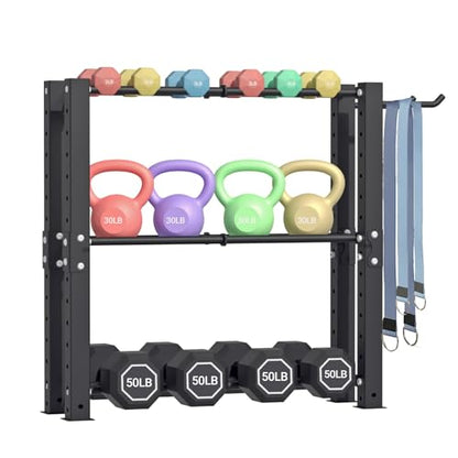 3-Tier Dumbbell Rack for Women, Aesthetic Home Gym Storage for Weight Set, Kettlebells & Yoga Ball, Versatile Workout Equipment Organizer with Side Hooks, Space-Saving