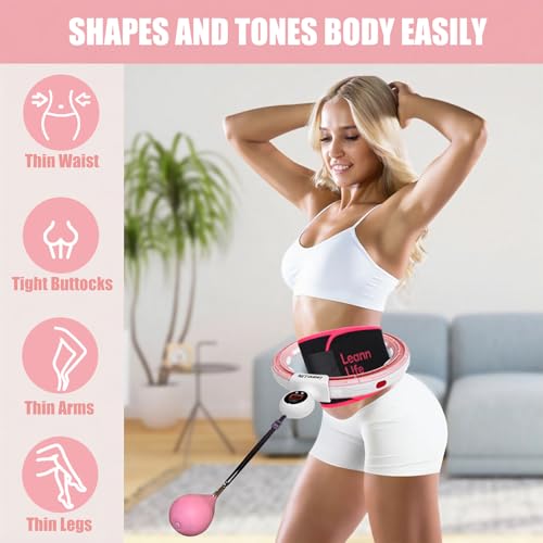 U5 Smart Weighted Hula Hoop with Counter, Waist Trimmer & Wash Bag –16 Knots, 28"–46" Adjustable Infinity Hoop Plus Size, Quiet Rubberized Wheels, Abdominal Toner - color: Pink + Waist Trimmer