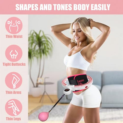 U5 Smart Weighted Hula Hoop with Counter, Waist Trimmer & Wash Bag –16 Knots, 28"–46" Adjustable Infinity Hoop Plus Size, Quiet Rubberized Wheels, Abdominal Toner - color: Pink + Waist Trimmer