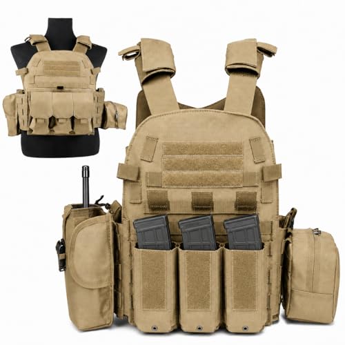 Tactical Vest for Airsoft & Paintball, Adjustable MOLLE Plate Carrier with Patch Panels for Hunting & Outdoor Training - color: Tan