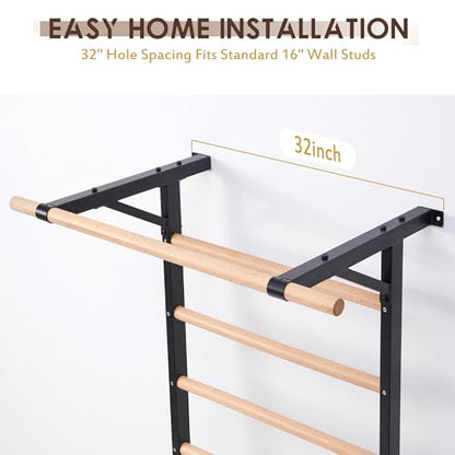 Solid Beechwood Stall Bar, 90" Swedish Ladder Wall Gym with Pull-up Bar & Dip Station, 220lbs Capacity Wall Mounted Gymnastics Ladder for Home Gym Training, Stretching & Bodyweight Exercise
