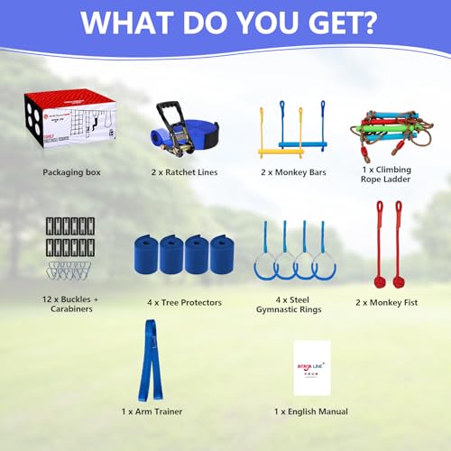 Ninja Warrior Obstacle Course for Kids,2×56ft Slackline Kit with 10 Ninja Accessories - Monkey Bar,Rope Ladder,Gymnastic Ring,Arm Trainer and Monkey Fist+Fast-Setup Buckles,Supports 880 lbs