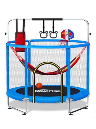60" Trampoline for Kids 5FT Toddler Trampolines Indoor/Outdoor with Adjustable Gymnastics Bar & Safety Net, No-Gap Design, Anti-Rollover Bottom, Basketball Hoop, Gifts for Boys & Girls - color: Blue / Dark - 6-in-1
