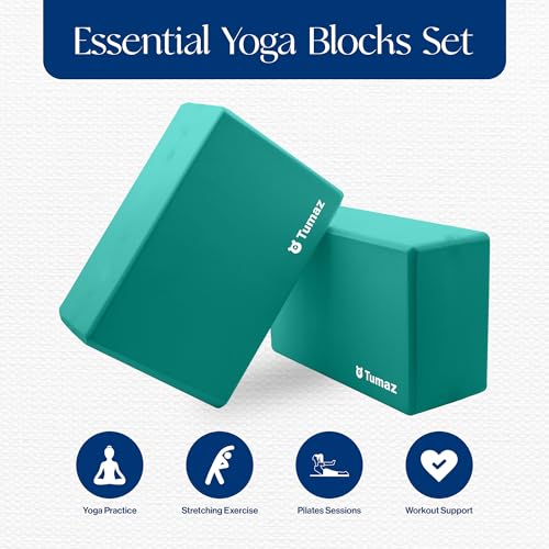 Yoga & Stretching Essentials Bundle: 10-Loop Non-Elastic Stretch Strap for Physical Therapy, Yoga, Pilates & 2-Pack High-Density EVA Foam/Cork Yoga Blocks with 8FT Strap Set and E-Book