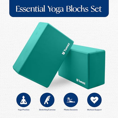 Yoga & Stretching Essentials Bundle: 10-Loop Non-Elastic Stretch Strap for Physical Therapy, Yoga, Pilates & 2-Pack High-Density EVA Foam/Cork Yoga Blocks with 8FT Strap Set and E-Book