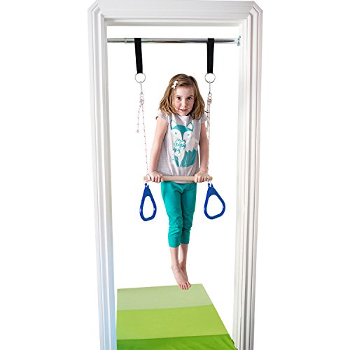 Doorway Swing for Kids Indoor - Trapeze Bar and Blue Gymnastic Rings Combo
