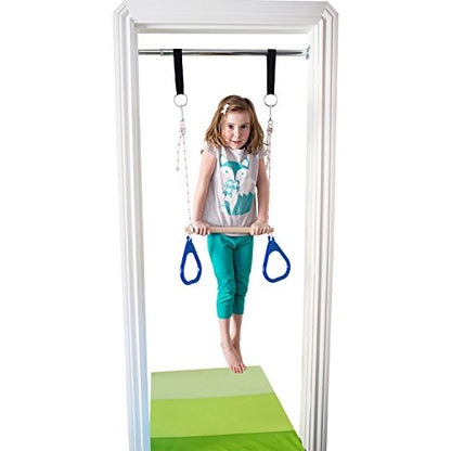 Doorway Swing for Kids Indoor - Trapeze Bar and Blue Gymnastic Rings Combo