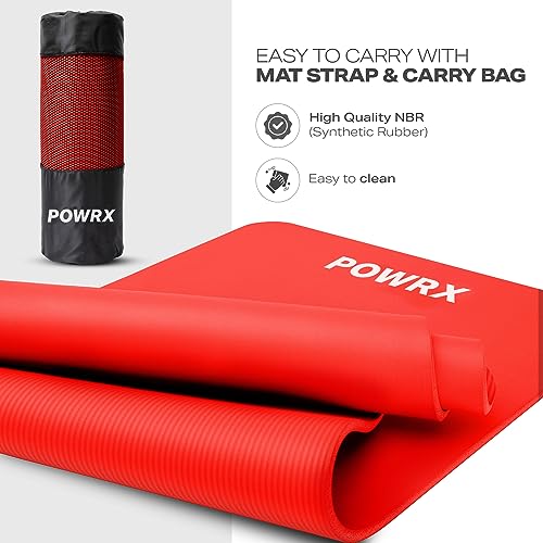 POWRX Yoga Mat Thick | Exercise Mat 1/2" - 3 Widhts with Carrying Strap and Bag | Non-Slip Workout Mat for Women Men Home Fitness Stretching Pilates Gymnastics Floor Gym Equipments