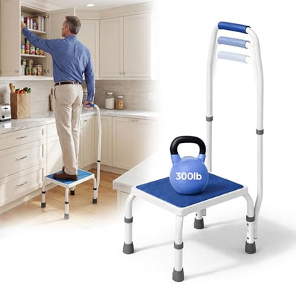 Platinum Health AdjustaStep(tm) Deluxe Step Stool/Footstool with Handle/Handrail, Height Adjustable. Modern White/Blue Design. Padded Non-Slip Handle. 300 lb. Capacity - size: 300 lb. Capacity - 1 Step