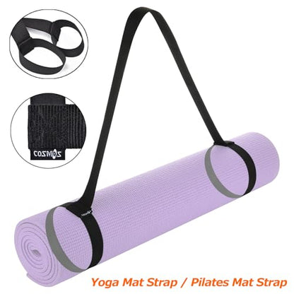 Cosmos Yoga Pilates Mat Strap - Looped Sling/Harness/Carrier Strap with Stretching Band Loops for Pilates, Exercises & Aerobics Mat Carrying - Soft & Durable Cotton, Black