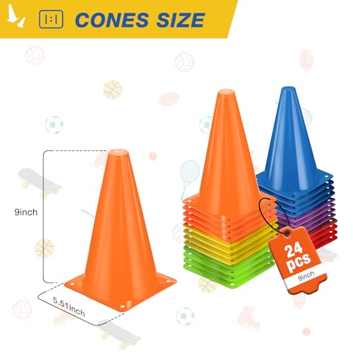 24pcs Cones 9 Inch Soccer Cones and Plastic Traffic Cones, Durable Cones for Sports Training, Ideal for Soccer, Basketball, Football, Skating, and Agility Drills Practice