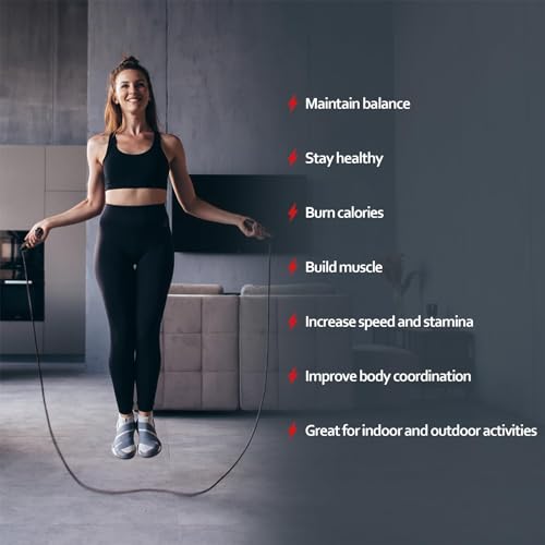 Jump Rope for Fitness, Adjustable Speed Jump Rope with Ball Bearings, Tangle-Free Skipping Rope for Women Men Kids, Durable Steel Cable with Soft Foam Handles for Cardio Workout, Weight Loss & Home Gym Exercise