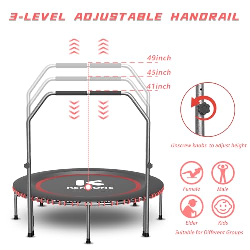 40/48" Low-Impact Rebounder Trampoline for Adults with Bungee, 450/550LBS Quiet Mini Exercise Trampoline with Adjustable U/T-Shaped Foam Handle Bar, Fitness Equipment for Indoor/Gym Workout - size: 48 inch, style: U-Bar