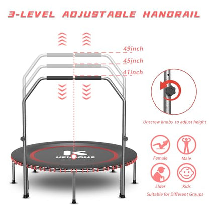 40/48" Low-Impact Rebounder Trampoline for Adults with Bungee, 450/550LBS Quiet Mini Exercise Trampoline with Adjustable U/T-Shaped Foam Handle Bar, Fitness Equipment for Indoor/Gym Workout - size: 48 inch, style: U-Bar