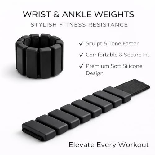 Elegance Adjustable Wrist & Ankle Weights for Women – Wearable Fitness Bracelets for Pilates, Yoga, Walking & Home Workout – Soft Silicone Weighted Bangles (Black)