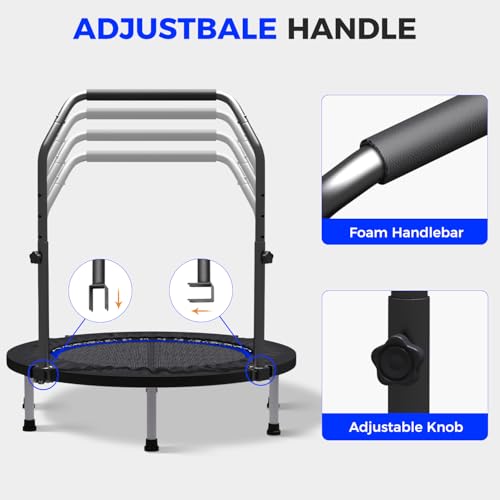 40"/48" Rebounder Trampoline for Adults Mini Trampoline for Adults and Kids Exercise Rebounder with Bar Fitness Trampoline Indoor Height Adjustable Max Load 330/440lbs - color: Blue-40in