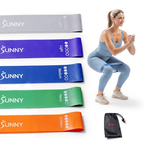 Sunny Health & Fitness Resistance Loop Bands - 5 Levels of Color-Coded Exercise Bands for Legs, Glutes & Strength Training - Portable Snap-Resistant Loop Set for Yoga, Pilates & Mobility