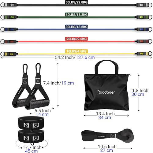 Readaeer Resistance Bands, Exercise Bands for Working Out, Work Out Bands with Handles for Men and Women for Indoor and Outdoor Sports