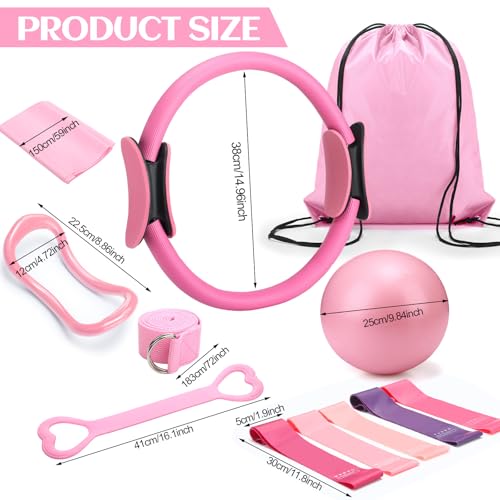 Set of 18 Pilates Ring Essential Kit for Women Pilates Ring and Ball Ankle Resistance Band Yoga Strap Socks Mat Arm Stretcher Latex Tube Gym Back Bag Exercise Equipment for Workout