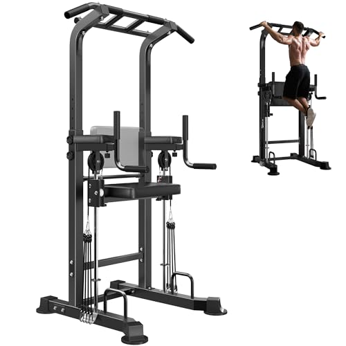 soges Power Tower Pull Up Bar Station, Height Adjustable Multi-Function Dip Station with Assisted Pad for Home Gym, 330Lbs Capacity Full Body Strength Training Workout Equipment for Beginners & Pros - color: Black