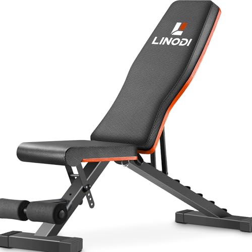 LINODI Adjustable Weight Bench for Home Gym，Foldable Incline Decline Flat Workout Bench for Full Body Strength Training, Dumbbell Press & Ab Exercises - color: Black/Flame Orange