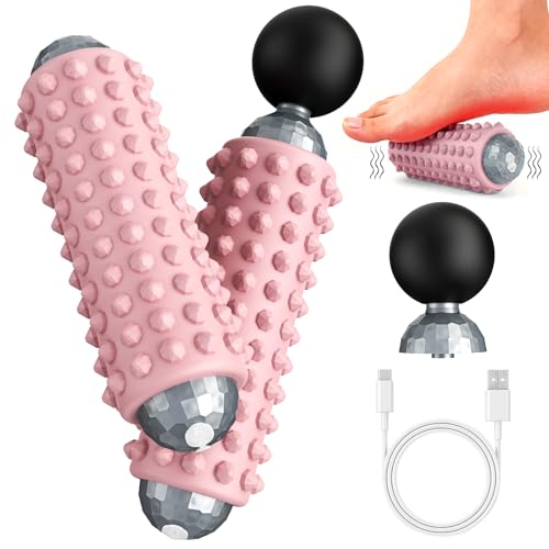Mini Electric Massage Roller 4 Speeds Vibrating Massage Ball, 2-in-1 Portable Muscle Massager Gun & Roller for Muscle Relief, Detachable Heads, Rechargeable, For Fitness, Office, Travel (Pink)