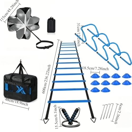 DZS Ladder Speed Football Training Equipment Set-20ft Agility Ladder，10Soccer Cones,4 Hurdles, Jump Rope, Running Parachute. Basketball Football Soccer Training Equipment for Adults.