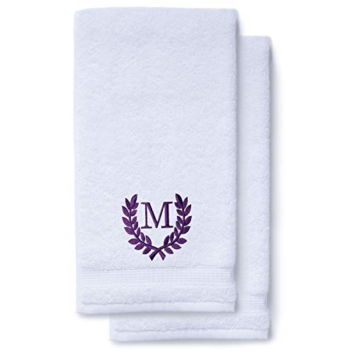 Decorative and Monogrammed Hand Towels for Bathroom Kitchen Makeup | Personalized Gift for Wedding-Bridal | Roman Font Custom Luxury Turkish Towel | Spa Collection, Oversized, 16 X 30 Inch, Set of 2 - color: Purple, size: Initial M