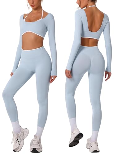 ABOCIW Workout Sets for Women Long Sleeve Crop Top Scrunch Butt Lifting High Waist Leggings 2 Piece Gym Yoga Outfits - color: Baby Blue, size: Large