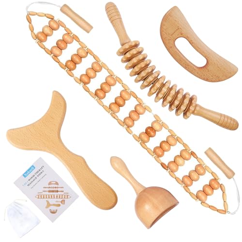 5-in-1 Wood Therapy Massage Tools Lymphatic Drainage Massager for Muscle Pain Relief | Maderoterapia Kit Body Sculpting Tools for Anti-Cellulite, Body Shaping - color: 5pcs