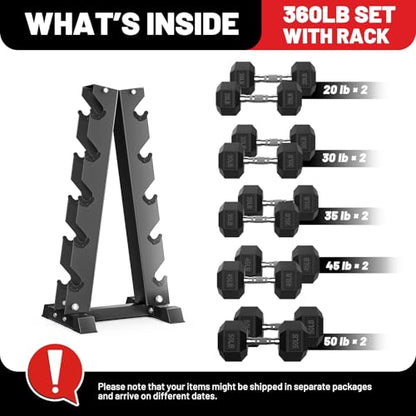Hex Dumbbell Sets with Rack, 85-560lb Dumbbell Weight Set & Storage Rack - size: 360lb (20, 30, 35, 45, 50lb)x2& Rack