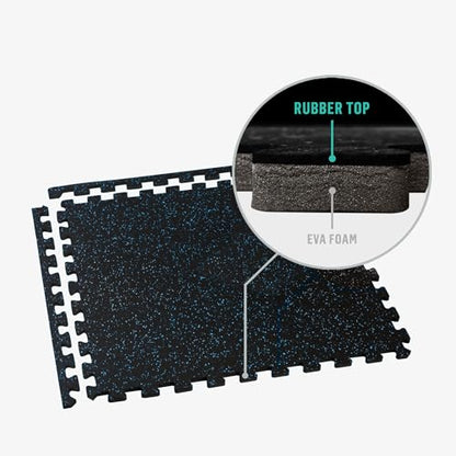 Velotas 3/8-Inch Thick Interlocking Foam Tiles with Rubber Top - Personal Fitness Mat, EVA Foam Puzzle Floor Tiles, for Home Gym Workouts - color: Blue Fleck, style: 24 Square Feet (6 Tiles)